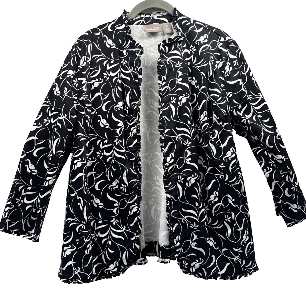 Chicos Women's Jacket Sz Large Black White Open Pockets 3/4 Sleeves Cotton Blend